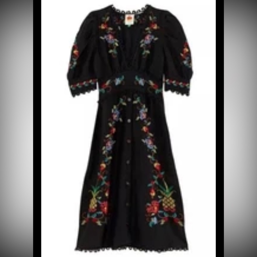 FARM Rio Dress Midi NWT Black Linen XL Cross Stitch Embroidery Puff Sleeve Vee - Picture 5 of 16